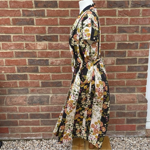 MNG Size L Floral Print Vintage Look Midi Maxi Dress Stripe Button Up Waist Belt - Picture 2 of 11